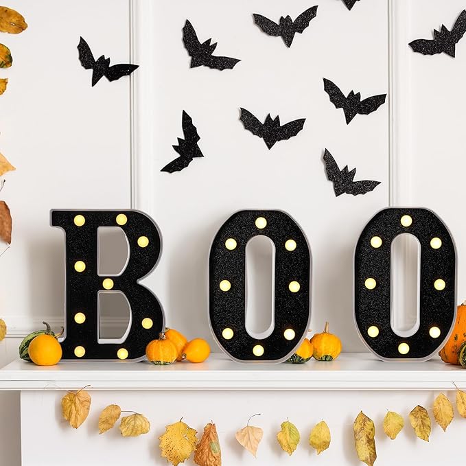 Baquler 3 Pcs Halloween Boo Decorations Light up Boo Sign Marquee LED Letters Lights Decor for Halloween Outdoor Home Room Kitchen Fireplace Tabletop Party Supplies (Black)
