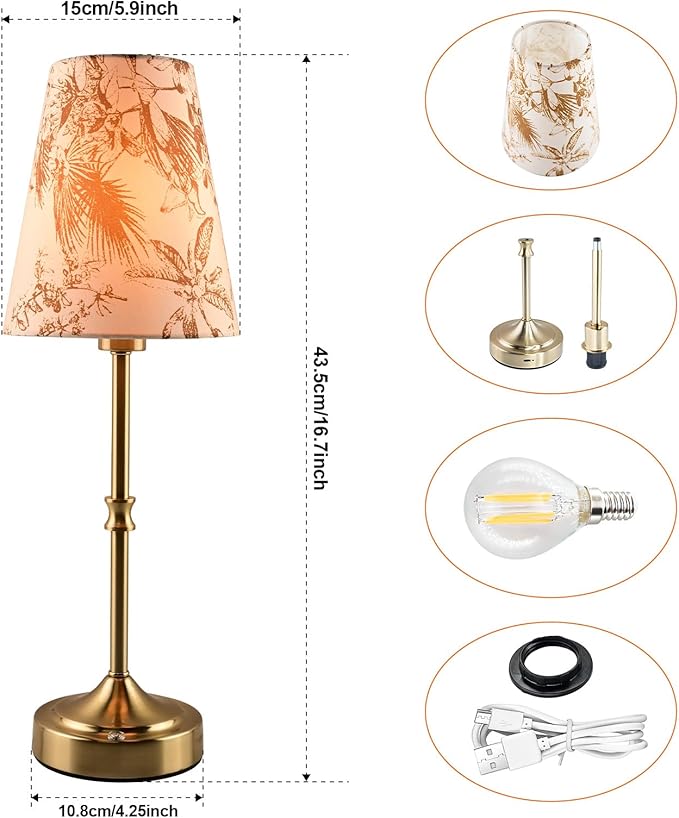 Cordless Table Lamp, 5200mAh Rechargeable Battery Operated Lamp, Portable LED Touch Lamp, 3-Level Brightness Dimmable, Small Patio Table Lamp, Night Lamp, Ambient Light for Restaurant(1Pack-GOLD)