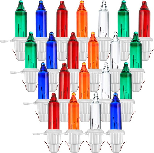 Mudder 60 Count Christmas Tree Replacement Light Bulbs 2.5v 0.425 Watt Replacement Bulb Mini Incandescent Wire String Lights Decoration for Prelit Xmas Tree(White Base with Colorful Bulb)
