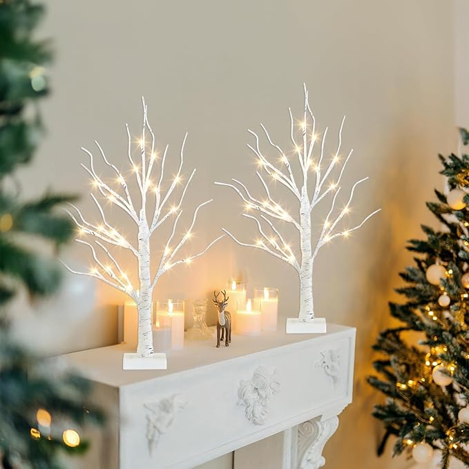 PEIDUO Easter Decorations, 2FT Birch Tree with LED Lights, Warm White Light up Tree Lamp, Easter Tree for Home Table Inside, Easter Decor Indoor, Battery Powered, Timer (2PK)