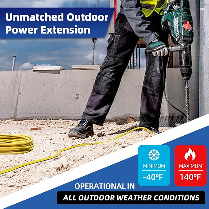 12 Gauge Outdoor Extension Cord 25 FT Waterproof, 3 Prong Plug, SJTW Heavy Duty 15A 1875W, Yellow Extension Cable with Lighted end for Commercial Use and Major Appliances, ETL Listed