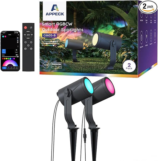 APPECK Smart Outdoor Spot Light 600lm, RGBCW+IC Color Changing Landscape Lights 2 Pack, IP65 Waterproof Low Voltage Landscape Lighting, App/Voice Control for Garden Pathway Yard Halloween Decor