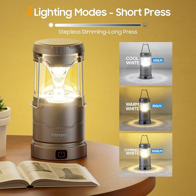 2 Pack Camping Lantern Rechargeable Collapsible, 1000LM 65 LED 3 Light Modes Camping Lights, Stepless Dimming, Waterproof Portable Lanterns for Camping Power Outages Tent Emergency Home Hiking