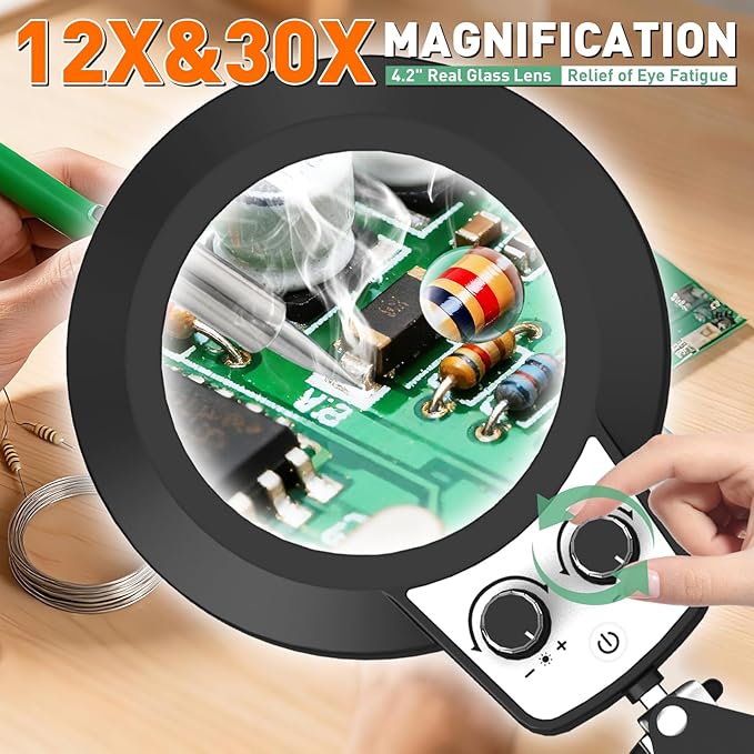 12X & 30X Magnifying Glass with Light, Ultra Long 3 Section Swing Arm LED Desk Lamp with Large Clamp, 3 Color and Brightness Hands Free Magnifier Light and Stand for Workbench Crafts Soldering