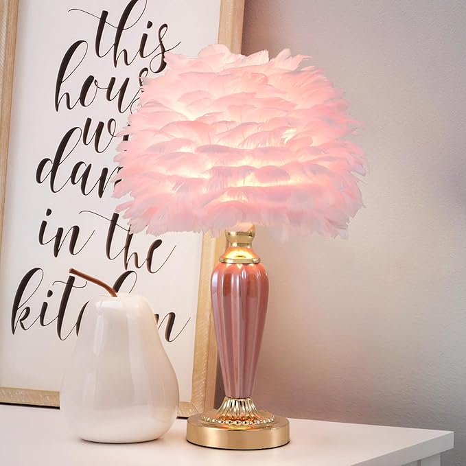 Pink Feather Lamp Creative Bedside Lamp Feather Table Lamp Cute Furry Goose Nightstand Light for Girl Bedroom Wedding Decor Living Room Hotel Office Valentines Dating Gift