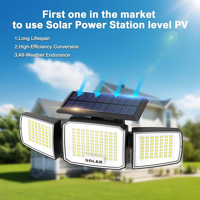 Solar Security Light Outdoor Super Bright LED, Motion Sensor Flood Light, 3 Heads 270° Wide Angle,Remote Control, IP65 Waterproof, 3 Modes (1 Pack)