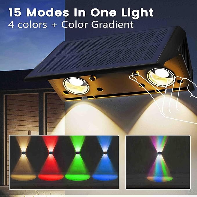 Fence Lights Solar Powered, 12-Pack Solar Fence Lights Up/Down Flexible Buttons, IP67 Waterproof for Outdoor, 100LM Bright, Auto Dusk to Dawn for Wall/Stairs/Yard/Railing/Deck/Pathway (White & RGB)