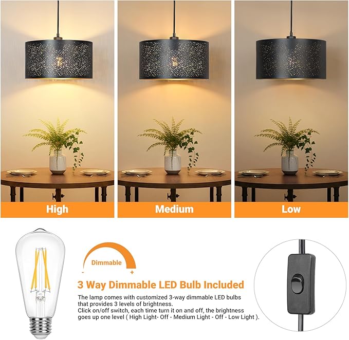 Plug in Pendant Light, Hanging Lamp with Plug in Cord, Rustic Farmhouse Pendant Lights for Kitchen Dining Room Bedroom Entryway, with 3-Way Dimmable Bulb