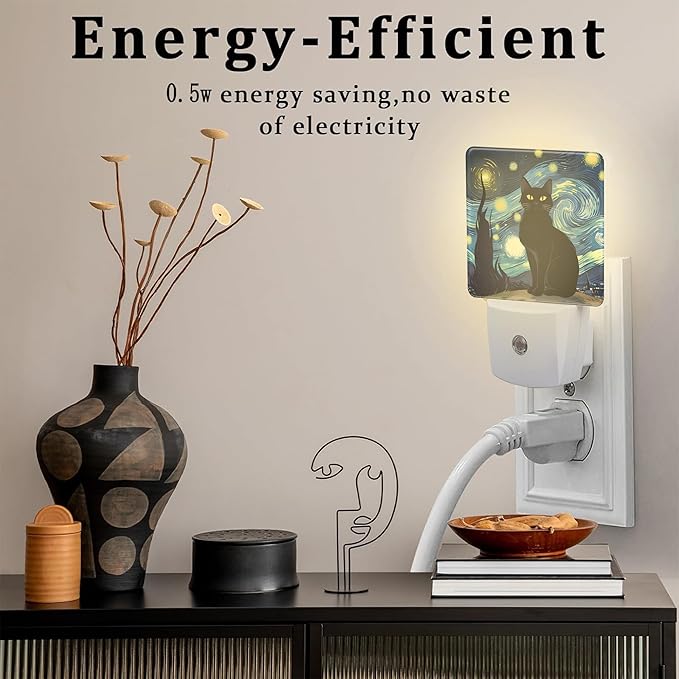 Starry Night Black Cat Night Light Plug into Wall, Abstract Oil Painting Dusk to Dawn Night Light Plug in,0.5w Energy Saving Sleep Friendly NightLight for Kids Boys Girls Home Decor