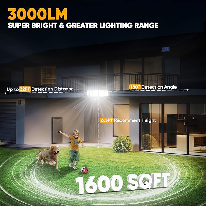 Solar Motion Lights Outdoor - With 16.4ft Cable, 3000LM Ultra-Bright LED Security Lights for Outside Dusk to Dawn, 2400mAh IP65 Waterproof Flood Lights with Remote for Court Yard Garage Front Door