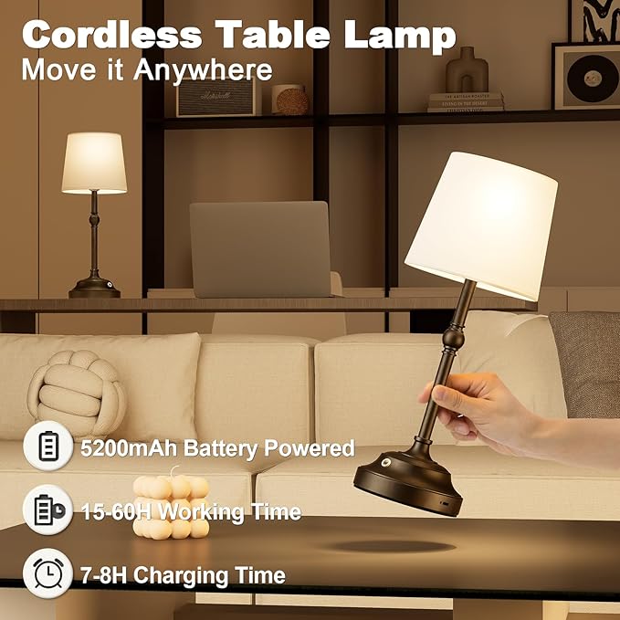 VOLISUN Cordless Table Lamp, 2 Pack 5200mAh Battery Operated Lamp, Touch Dimmable Wireless Lamp Bedside Light for Bedroom, Living Room, Dining Room (Black)