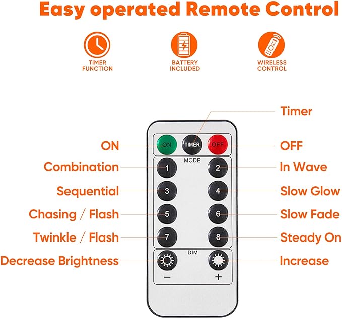 1 Pack 65.6 Ft. Battery Operated Outdoor String Lights with Remote & Timer, LED Orange Fairy Lights, Waterproof Twinkle Lights for Bedroom, Dorm, Mason Jar, Wedding, Party, Christmas