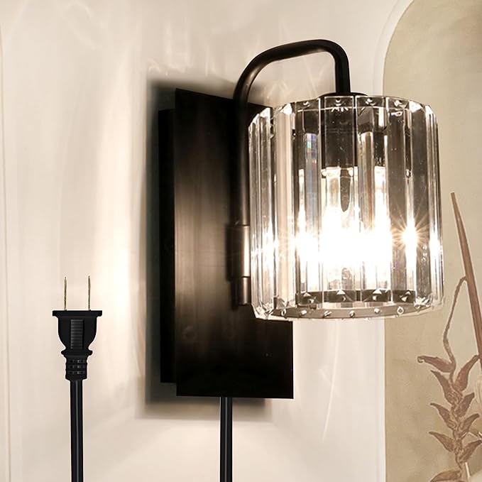 Plug in Sconces, Square Crystal Sconce Black Plug in Wall Sconce Crystal Wall Lamp with On Off Dimmer Cord, Glass Wall Light Fixtures for Living Room Bedroom Hallway Bedside