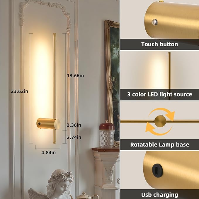 Battery Operated Wall Sconce USB Rechargeable Sconces, 23.6" Brushed Gold Wireless Wall lamp Set of 2, 3000K-6000K & Dimming with Remote Control, LED Wall Lights for Living Room, Bedroom