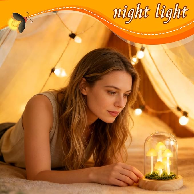 Decorative Mushroom Lamp with Glass Dome, Warm LED Night Light for Bedroom & Living Room, Unique Mushroom Gifts for Women, Christmas & Birthday Decor