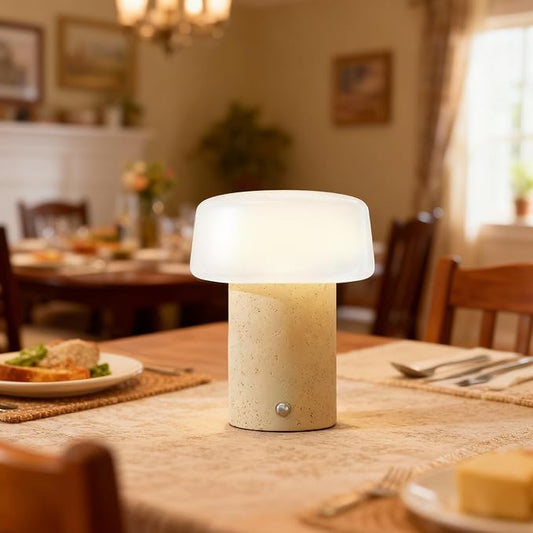 7 inch Mushroom Lamp, Cute Cordless Rechargeable Table Lamp with Glass Shade, 3 Color Temps LED Dimmable Ambient Lighting, Small Retro Touch Bedside Light for Decor, Resin Base.