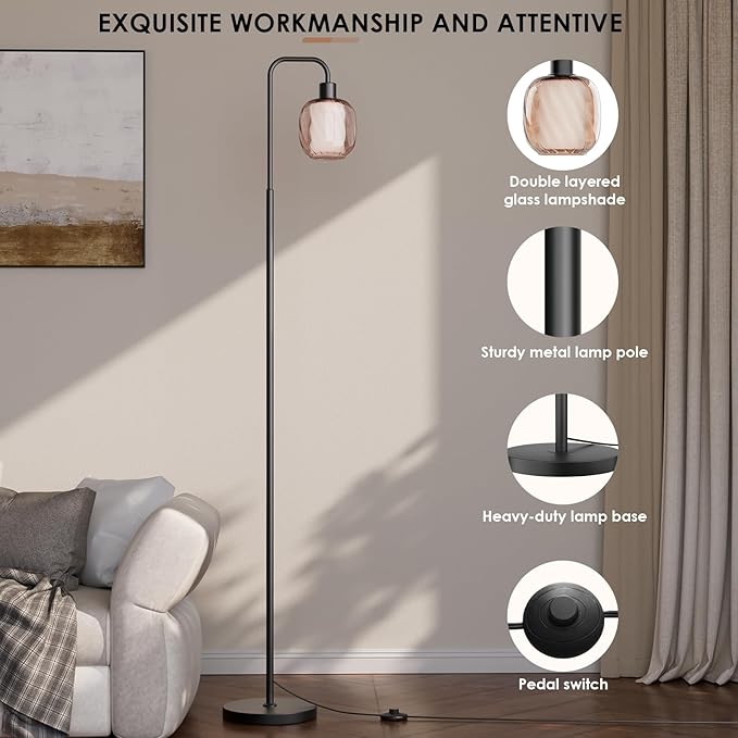 Glass Floor Lamps for Living Room, Modern Standing Lamp with Ceramic & Champagne Gold Ribbed Glass Lampshade, Pedal Switch, 65" Black Industrial Floor Lamp for Bedroom Study Room (with LED Bulb)
