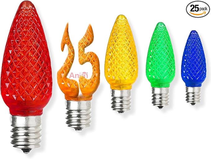 25PCS C9 LED Christmas Light Bulbs - C9 led Bulbs with E17 Base Sockets Replacement Bulbs for Outdoor String Lights - Commercial Grade Multicolored