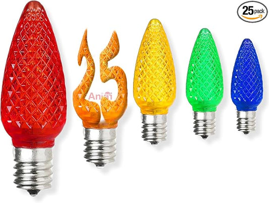 25PCS C9 LED Christmas Light Bulbs - C9 led Bulbs with E17 Base Sockets Replacement Bulbs for Outdoor String Lights - Commercial Grade Multicolored
