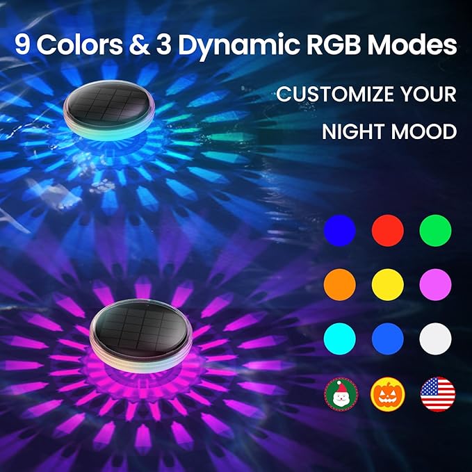 ORIMSBO® Floating Lights for Small Pools, Hot Tub, Pond, and Spa – Solar-Powered LED with RF Remote, 9 Color Modes, Brightness & Timer Control, IP67 Waterproof (2 Pack)