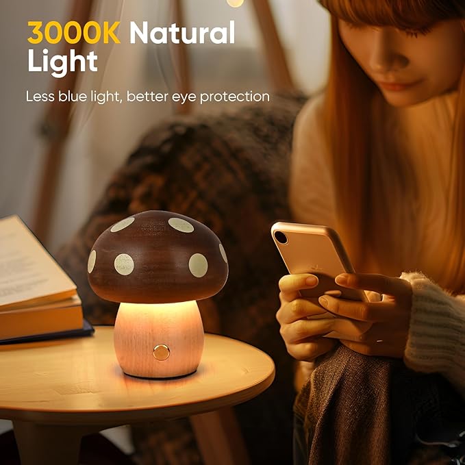Cordless Wood Mushroom Lamp, Small Battery Operated Wooden Table Lamp Portable Night Light, 3-Level Dimmable Touch Control Warm LED Light for Bedroom, Nursery, Patio Decor