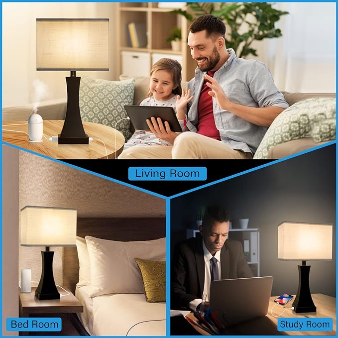 Table Lamp for Bedroom 3-Way Dimmable Touch Control Bedside Lamp with USB A+C Port & AC Outlet 21.6" Tall Nightstand Lamp for Living Room Office and Hotel Bulb Included