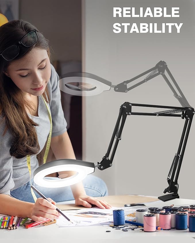 10X & 5X Magnifying Glass with Light, Ultra Long Swing Arm, 5 Colors & 10 Brightness, Real Glass Lens Large Magnifying Lamp for Craft Painting Workbench Jewelry Making Hobby Close Work (Yellow)