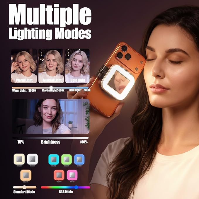 Magnetic Selfie Light Foldable Phone Night with Mirror Rechargeable RGB LED Fill Light Disco Party Mode Portable Ring Light for iPhone Magsafe for Selfies/Photography/TikTok/Zoom Calls (White)