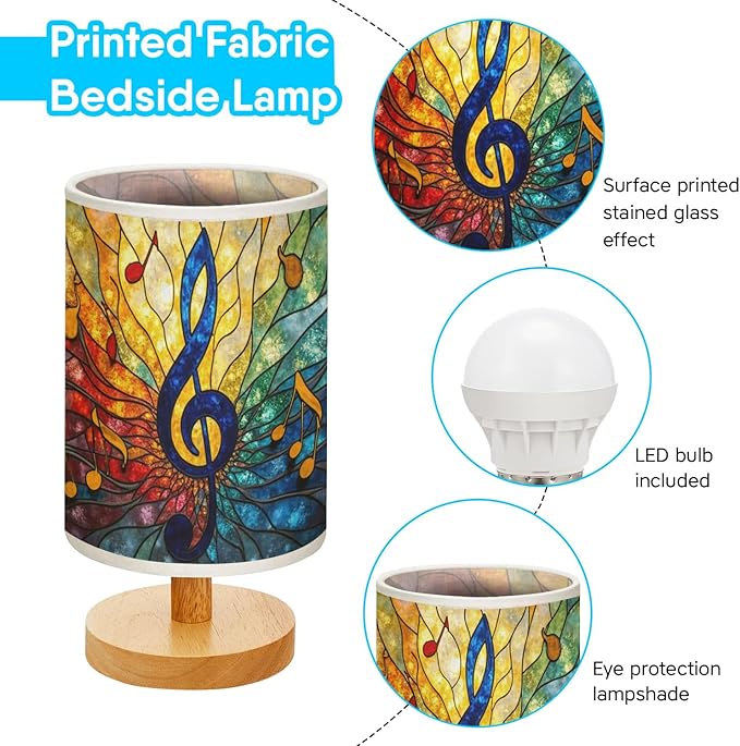 Music Clef Table Lamp LED 3-Color Pressed Bedside, Music Clef Shade Lamp with Wood Base for Bedroom Living Room Desk Office TL01