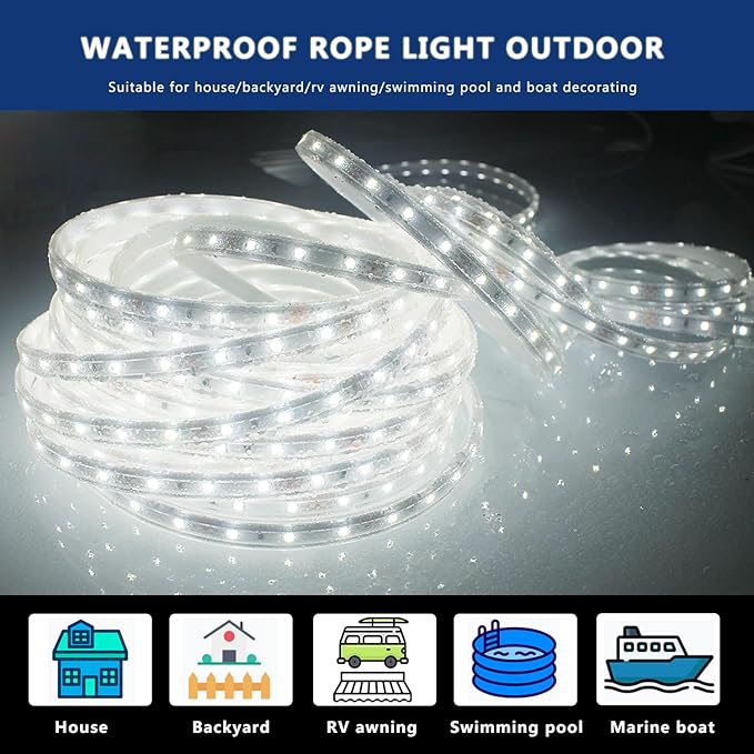 100FT(2 Rolls of 50FT) Flat Rope Lights, Outdoor LED Rope Lighting Waterproof(Not for Dimmer & Adapter), White Strip Light for Bedroom, Dimmable 12V Low Voltage