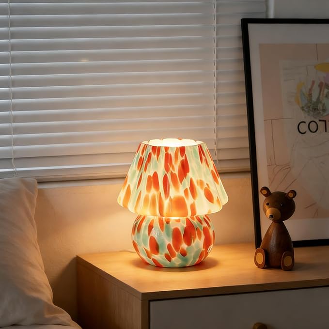 Creative Table lamp, Cute Mushroom Shape, Glass, Medieval Style, Three Lighting Modes, Suitable for bedrooms, Kitchens, Dining Rooms, Living Rooms, and Bookshelf Decoration (Style B)