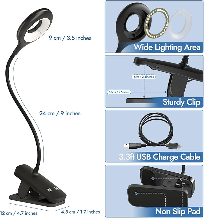 CUHIOY Clip on Reading Light for Bed Headboard, 5 Colors 5 Brightness Desk Lamp with Strong Clamp, USB-C Rechargeable Gooseneck Night Light for Kids Bunk Bed Shelf, Perfect for Reading & Working