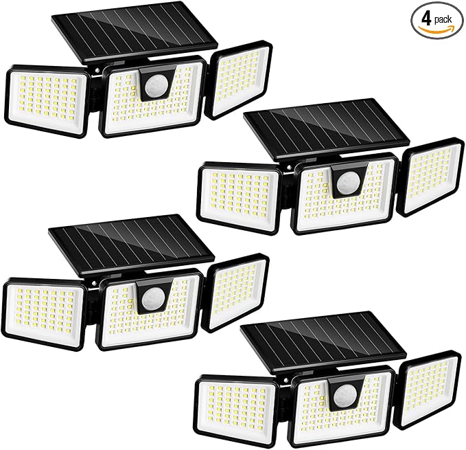 INCX Solar Motion Sensor Lights Outdoor, 3 Heads Security Lights Solar Powered, 156 LED Flood Light Motion Detected Spotlight for Patio Yard Garage Entryways, IP65 Waterproof 4 Pack