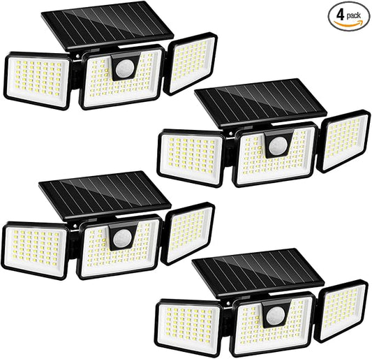 INCX Solar Motion Sensor Lights Outdoor, 3 Heads Security Lights Solar Powered, 156 LED Flood Light Motion Detected Spotlight for Patio Yard Garage Entryways, IP65 Waterproof 4 Pack