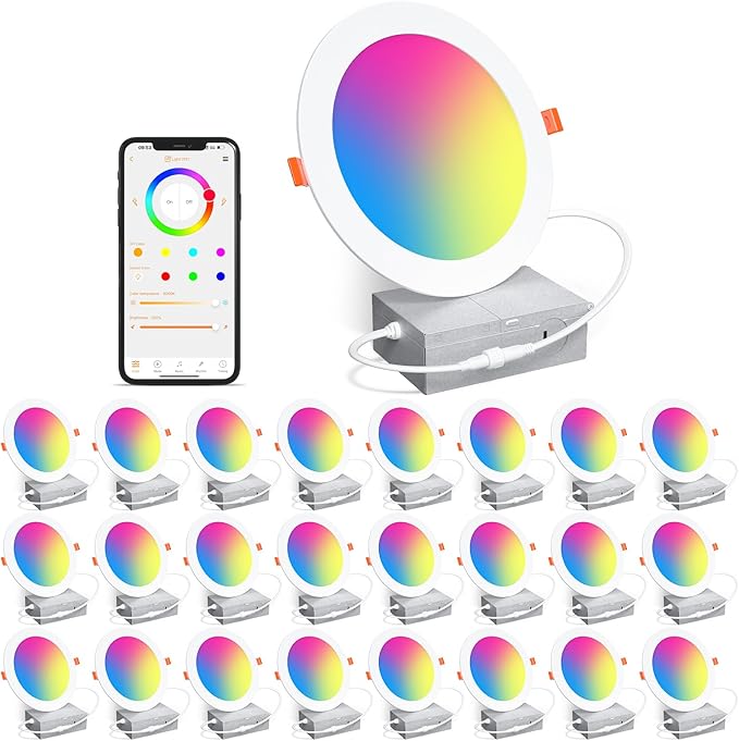 24Pack Smart Recessed Lighting 6 Inch RGBCW Color Changing 16W LED Downlight with Junction Box,1350 Lumen Recessed Ceiling Light Compatible with Alexa,Dimmable by Bluetooth Control