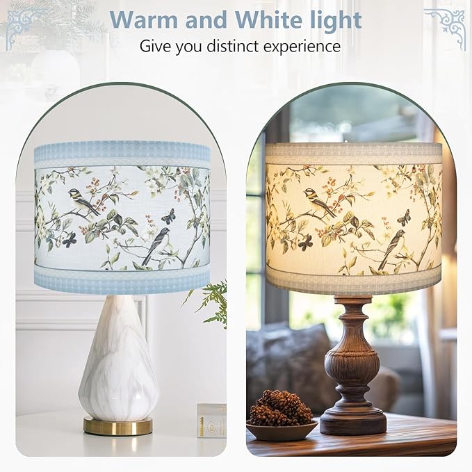 Fabric Linen Lamp Shade, Floral and Bird Pattern Lampshade, Blue Lamp Shades for Floor Lamps fit with Spider/Uno, 13x13x10inch Drum Lampshades for Table Lamp/Pendant (1Pack/Easy Assemble)