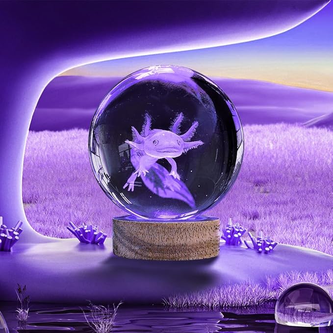 3D Axolotl Crystal Ball Night Light 3.15 inch Axolotl Glass Ball Lamp with 16 Color Changing Wooden Base and Remote Axolotl Ideal Gifts for Kids Friends Birthday Christmas Room Decor Axolotl Toys
