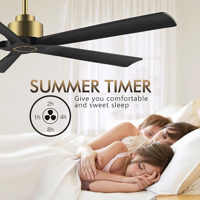 ELEHINSER 60 Inch Modern Ceiling Fan without Light, 5 Solid Wood Blades 6-Speed Noiseless Reversible DC Motor, Ceiling Fan with Remote Control for Bedroom Living Room, Gold Finish with Black Blades