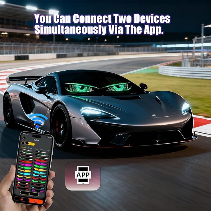 2 Pack 14.72"x3.62" Synchronized LED Devil Eyes Light Sign for Cars, Truck Windshield LED Eyes, Programmable via App/Remote Control, USB-Powered Flexible Panel, Custom Dynamic Patterns