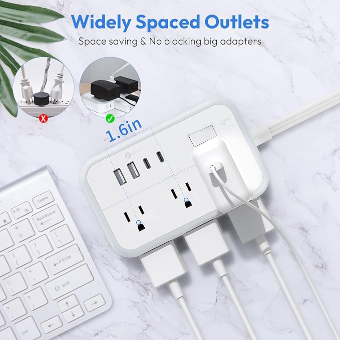 NTONPOWER Power Strip with 6 Outlets 4 USB Charging Station(2 USB C Port), 5 Ft Flat Plug Extension Cord, Outlet Extender for Indoor, Home, Office Supplies, Dorm Room Essentials
