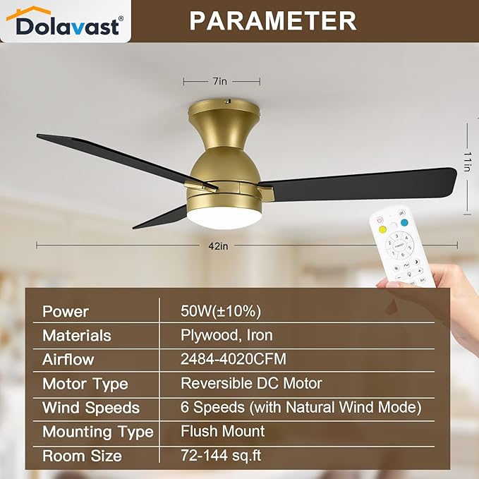 Ceiling Fans with Lights and Remote, 42 Inch Ceiling Fan with Light, Low Profile, Reversible, Dimmable LED, Flush Mount, Quiet, DC Motor, Gold Ceiling Fan for Bedroom, Kitchen, Dining Room