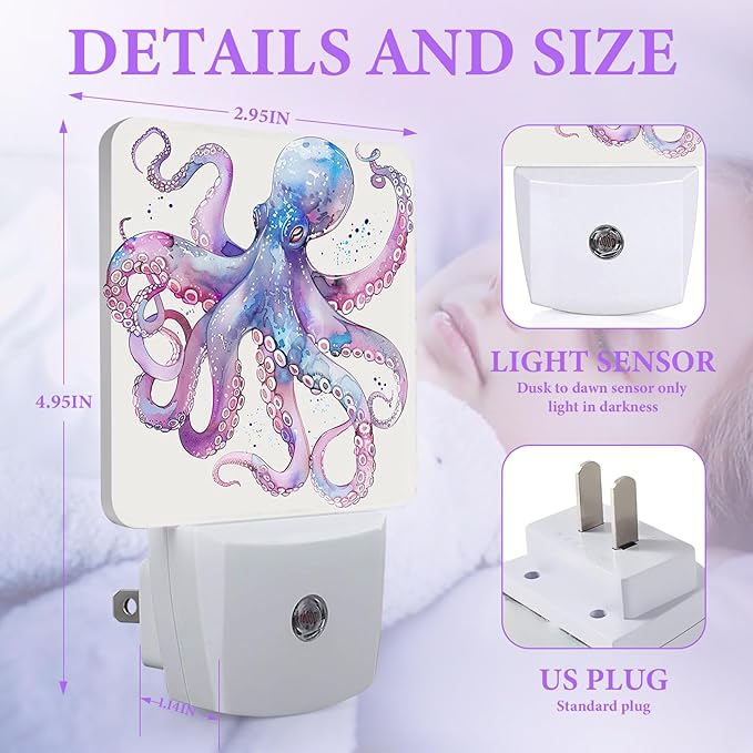 Octopus Night Light,Fish Sea Life Plug-in Night Lights with Dusk-to-Dawn Sensor for Bedroom,Bathroom and Living Room Sleep Friendly lamp 0.5w