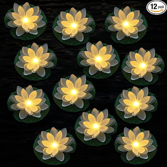 LACGO 12 PCS Waterproof Floating Lotus Light - 6'' Floating Flower Light Battery Operated Water Activated Warm White Pool Flower Lamp Wedding Anniversary Garden Decoration(6 Inch, White)
