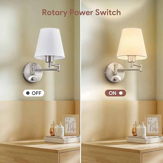 VONLUCE Wall Sconce Set of 2, Plug in & Hardwired Swing Arm Wall Lamps, Adjustable Wall Mounted Lighting Fixtures, Modern Wall Lights with Nickel Base White Fabric Shade for Bedside, Hallway, Study