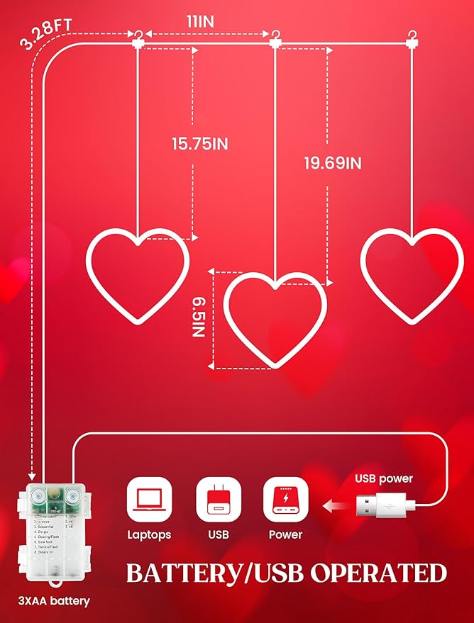 woohaha Valentine's Day Window Lights,3 30LED Heart Curtain String Lights USB/Battery Operated,Hanging Light for Indoor Outdoor Bedroom,Room,Wall,Party,Holiday,Wedding Decorations(Red)