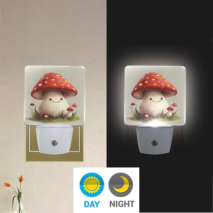 Cute Mushrooms Night Light 2 Pack Dusk to Dawn Sensor Led Lamp for Women Men Night Lights Plug into Wall Decor for Bedroom Kitchen Bathroom Corridor, 0.5W