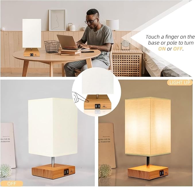 Touch Control Table Lamp, 2 USB Charging Ports, Bedside Lamp for Nightstand with Round Fabric Lamp Shade, Modern Night Light for Living Room, Bed Room, Kids Room, Office (Square)