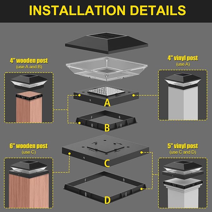 T-SUN Solar Post Cap Lights with Auto-Change Colors- for Wooden (4x4/6x6) & Vinyl (4x4/5x5) Posts | Weatherproof Outdoor Solar Fence Post Lights for Deck, Porch, Garden & Stairs(12-Pack,RGB)
