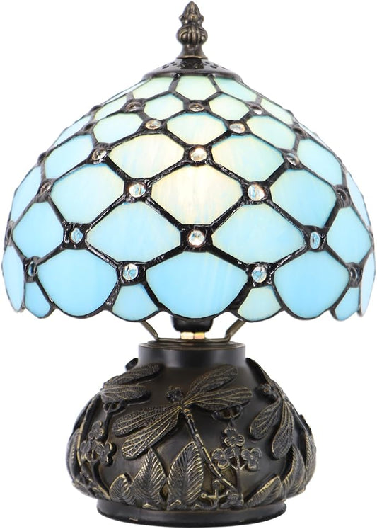 Small Tiffany Mushroom Table Lamp,Mini Memory Sympathy Antique lamp 8X11 Inch (Sea Blue Beads)