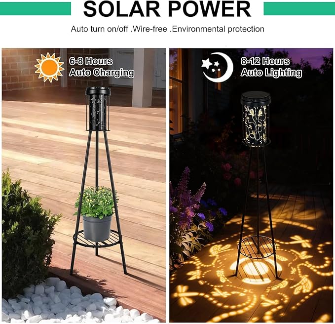 RGB Dragonfly Projection Solar Floor Lamps Outdoor, Metal Floor Light with Plant Stand,42.48" Decorative Waterproof Lighting for Garden,Patio,Porch,Yard,Deck,Black,2 Pack